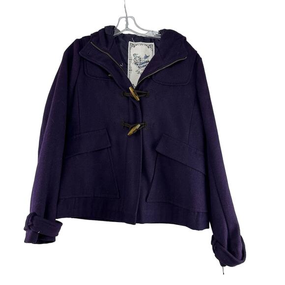 Forever Audrey Women Wool Blend Jacket Sz L Purple Hooded Full Zip Toggle Button - Picture 1 of 5